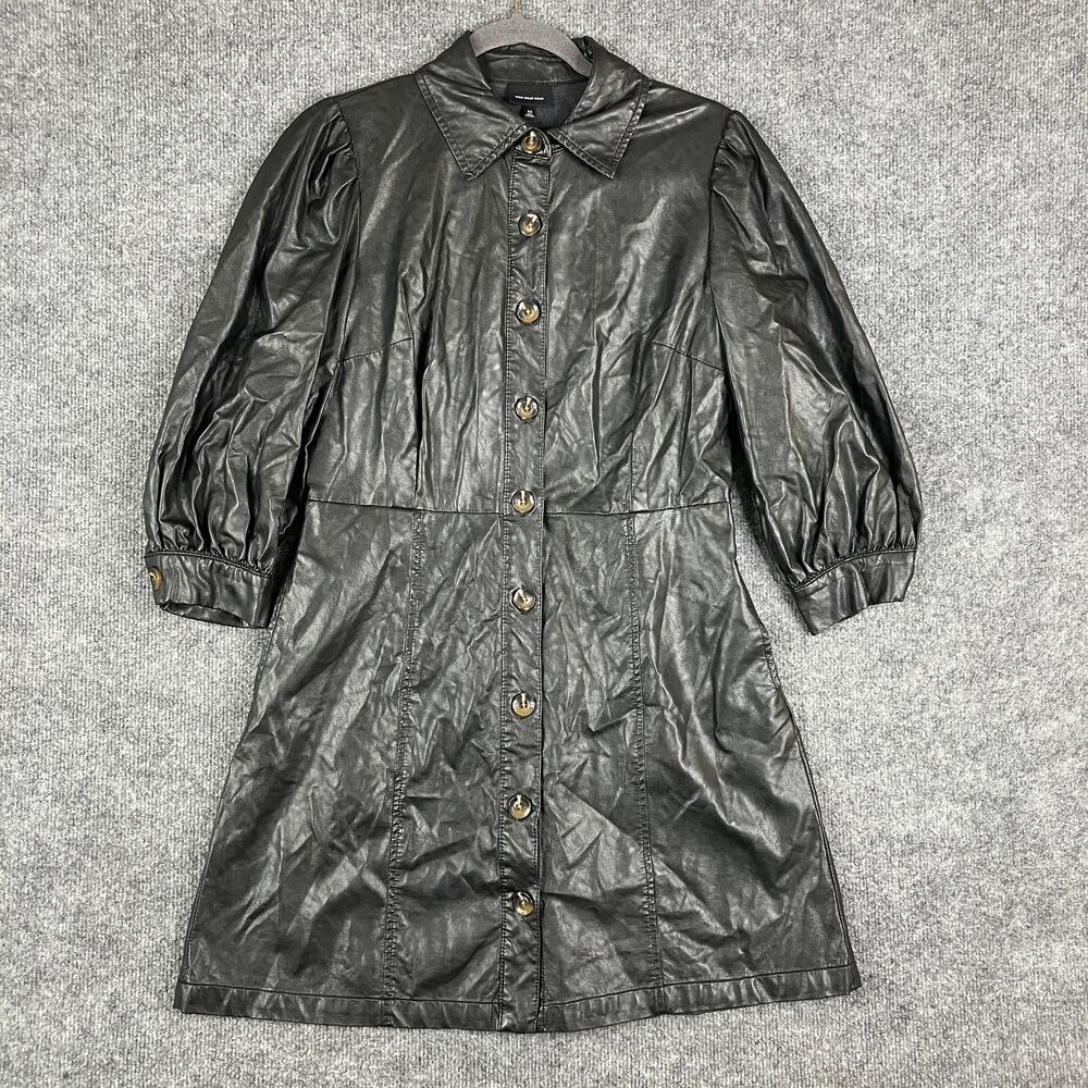 Who What Wear Faux Leather Dress Womens Medium‎ Black Button Up Puff Sleeve